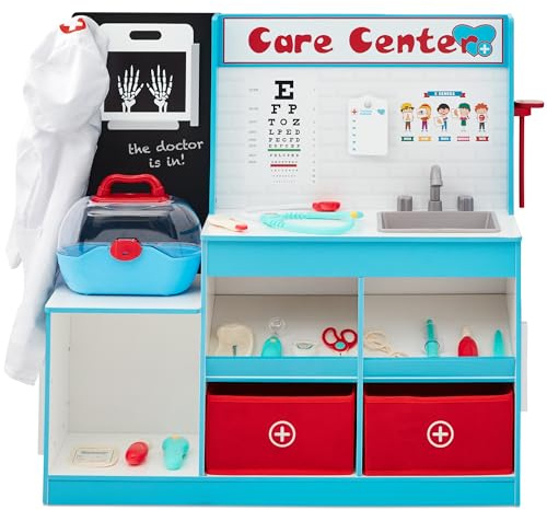 Best Choice Products Pretend Play Doctor's Office, Wooden Medical Center Toy Set for Kids w/Carrying Case, All Accessories Included, Height Measurer, 2-Piece Costume - Blue