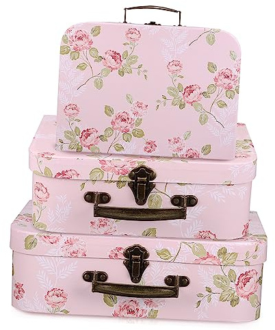 PRETYZOOM Set 3 Scatole di Cartone Rosa con Motivo Floreale, Manici in Metallo, Facili da Trasportare, Scatole Porta Oggetti Multiuso per Shower e Regali