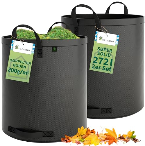 TTL GARDEN 2x 272L SUPER SOLID Gartensack grau - DOPPELTER BODEN 2x200 gsm | Extra stabil & reißfest selbststehend 4 Griffe groß robust 2er Set Laubsack, Abfallsack für Gras, Laub, Hecke, Gartenabfall