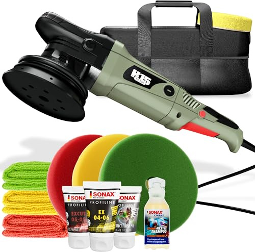 Set lucidante per auto, lucidatrice eccentrica H15, 720 W, 15 mm, hub 125 mm, piastra di supporto + 3 lucidanti Sonax Profiline da 50 ml + 3 tamponi lucidanti da 150 mm + 3 panni per lucidatura, set