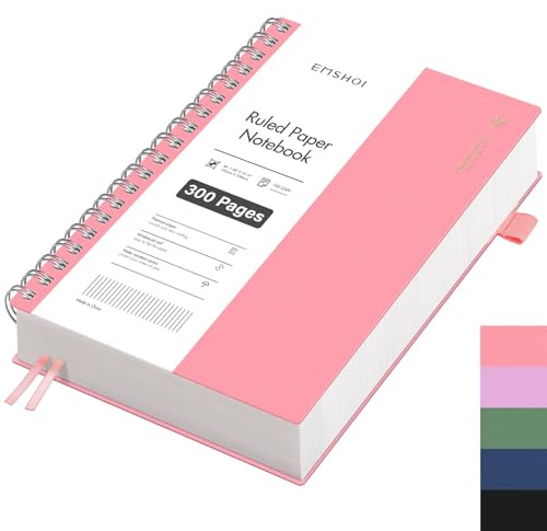 EMSHOI Notizbuch B5 Liniert, 100g/m² Papier, 300 Seiten - Rosa | Notizblock Liniert mit PVC Cover, 180° flach, Innentasche, Stiftschlaufe, für Büro & Schule, 19x25 cm