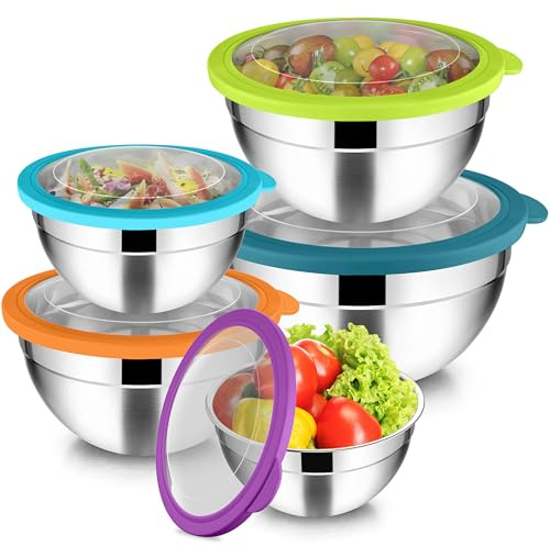 Joyfair blandningsskål set om 5, skål i rostfritt stål med transparent lufttätt lock, 4,5 l/2,7 l/1,5 l/1,2 l/0,7 l, stapelbar salladsskål för servering/matlagning/bakning, diskmaskinssäker – färgglad