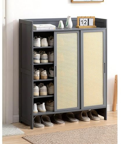 Zapatero de bambú con puerta corredera, organizador independiente para zapatos, para entrada, pasillo, oficina, color gris (87 x 32 x 106 cm)