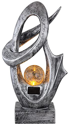 Solarlampe für Außen Garten Deko Terrassen Lampe Außen Boden Solar Lampe Outdoor stehend, mit Feuereffekt, Skulptur silber, Crackle Glaskugel, 1x LED 3000K, BxH 25,5x45 cm