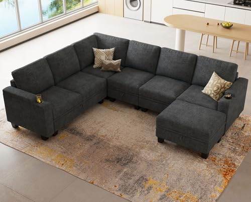 Belffin Chenille Modular Sectional Sofa Convertible L Shaped Corner Couches for Living Room with Storage Armrest with Cup Holder Dark Grey Couch