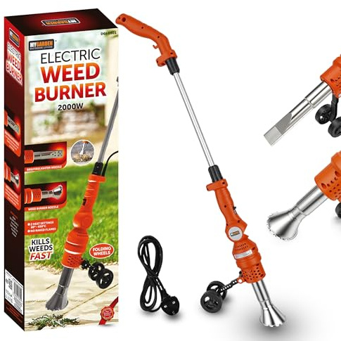 My Garden Electric Weed Burner 2000W– Dual Heat Setting Weed Remover with Detachable Handle & Folding Wheels Garden Weed Burner with Non-Slip Handle & UK Standard Plug (2-Nozzles-Folding Wheels)