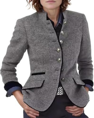 Juankrynord Blazer in tweed primaverile da Donna cardigan a quadri in tweed blazer da lavoro giacca da ufficio a maniche lunghe casual multi-bottone elegante (Grigio,XXL)