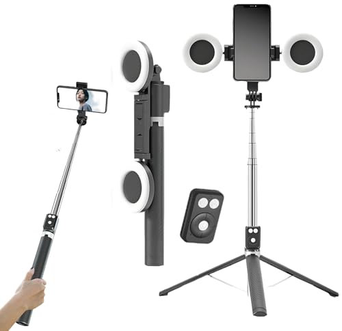 6 In 1 Selfie Stick with Fill Light, 360 Rotation Selfie Stick Tripod with Light, Extendable Phone Tripod Stand with Bluetooth Remote, Compatible with Ios Android Devices for Travel Live (Black)