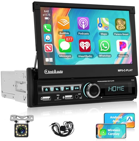 Autoradio Android 1 Din con Wireless Carplay, Motorsi 7 Radio con IPS Schermo Retrattile Elettrico, Stereo Auto Bluetooth con Schermo, Android Auto/MirrorLink/FM/2 USB/EQ/SWC + Telecamera Posteriore