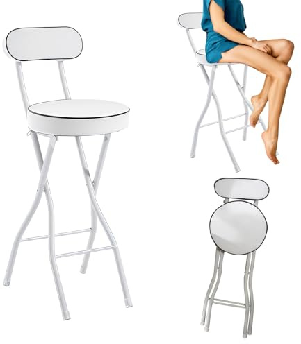 Sgabello da bar pieghevole portatile per la colazione, 75 70 65 60 55 cm comodo sgabello alto rotondo imbottito, sgabelli da bar alti pieghevoli per sala giochi da cucina, capacità di 220 libbre(Bianc
