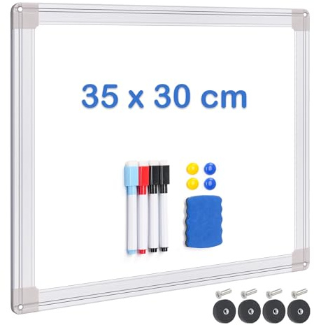 Maxtek Strong Magnetic Whiteboard for Fridge, 35 x 30 cm Planner Board with Aluminum Frame with 4 Marker Pens, 4 Magnets, 1 Eraser (35 x 30 cm)