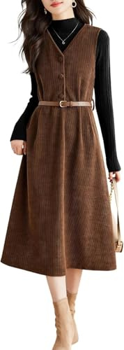 Lazutom Vestido de pana con cuello en V para mujer, con cinturón, vestido midi para otoño, para el trabajo, la escuela, trajes casuales, marrón, S