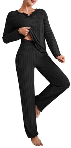 Pigiama da donna in cotone – Set pigiama da donna lavorato a maglia, con scollo a V, maniche lunghe e pantaloni a gamba larga, tinta unita, super morbido, abbigliamento da notte per tutte le stagioni