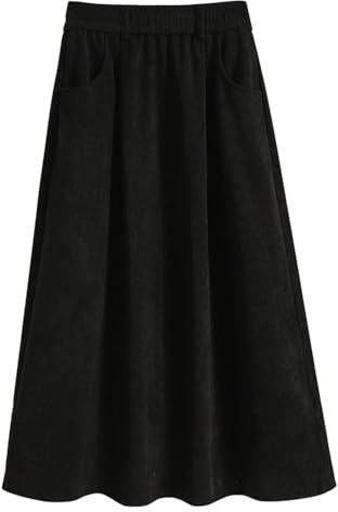 Knee Length Corduroy Skirts for Women Elastic High Waist Vintage A-line Flared Swing Casual Maxi Skirts with Pockets Black