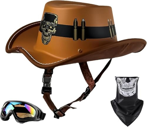 Caimcie Cowboy-Halbhelm, Vintage-Cowboyhut-Motorradhelme, neuartiger Western-Cowboy-Halbhelm, Retro-ECE/DOT-zugelassene Motorradhelme für Jugendliche und Erwachsene A,XL=61-62cm