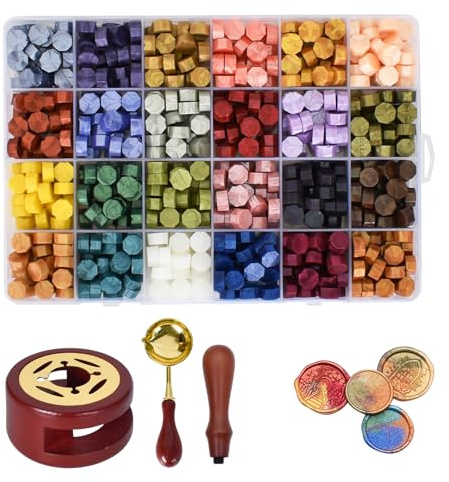 600 Pezzi Sigillazione Cera Perline, 24 Colori Kit Ottagonale Cere con Forno per Ceralacca & Cucchiaio per Cera, Set per Sigillatura per Buste Lettere, Inviti di Matrimonio, Sigillazione, Timbri