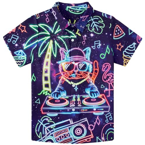 Fanient Boys Button Down Shirts Neon DJ Cat Print Shirt Casual Summer Hawaii Tshirts for Boys 9-10 Years,M