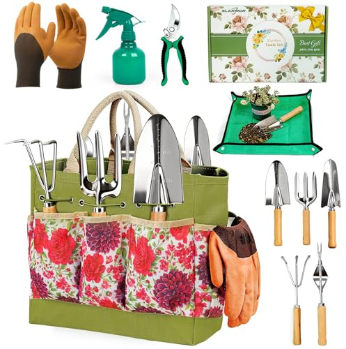 SLARMOR Gartenwerkzeug Set, 11 Stück Edelstahl gartengeräte mit Gartenschere, Garten zubehör Set mit Handschuhen, Blumen-Tragetasche, Sprühflasche, Umtopfmatte - gartenwerkzeuge für Gartenarbeit