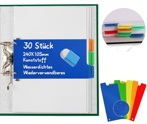 30 Stück Register-Taben Kunststoff 10 Sets à 3-teilig in 5 Farben Trennstreifen für Ordner Ringbücher 240x105mm Trennblätter Plastik A4 Bunt Mit Lochung Beschreibbar Wasserfest Farbige Sortierhilfe
