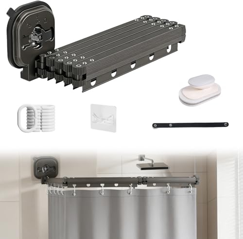 Vikbar duschdraperistång utan borrning, duschdraperi med sugkopp (1,8 x 2 m), 5-vägs vridbar, vikbar, väggmontering hörnstänger med gardinringar, duschdraperistång l/u form för badrum hörndusch
