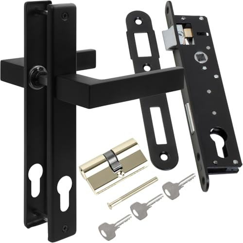 STEELNEX Drückergarnitur Gartentor Schwarz Matt RAL 9005 - Einsteckschloss 90/22 Set - Aluminium Türdrücker Schmalschild - Profilzylinder 30/30 - Türgriff Set für Gartentor - Vierkant 8 mm