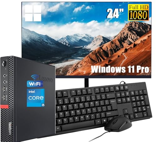 Lenovo ThinkCentre M710q Mini Desktop Computer PC mit 24-Zoll-Monitor, Intel Core i5-7500, 8GB RAM, 256GB SSD, US Tastatur QWERTY, WiFi, Bluetooth, Windows 11 Pro (Generalüberholt)