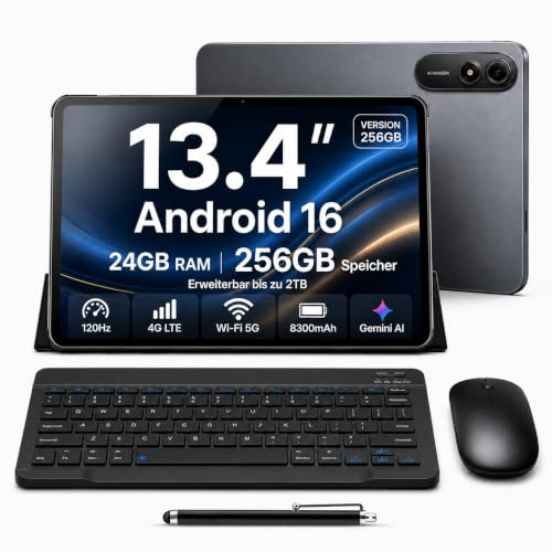 Tablette Android 16 13.4 Pouces 2K FHD+ 120Hz, 24Go+256Go(TF 2To), Octa-Core, Tablette Tactile avec Clavier et Souris, 8300mAh/18W, 16MP+8MP, Widevine L1/Gemini AI/Faciale ID/GPS, Garantie 3 Ans 1PCS