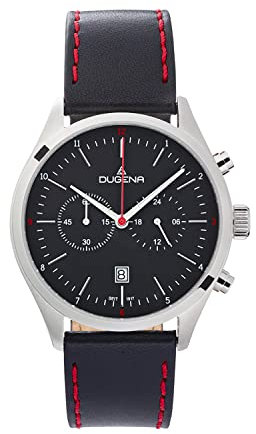 DUGENA Herren-Armbanduhr, 4461054, Dakar Chrono, Quarz, schwarzes Zifferblatt, Edelstahlgehäuse, Saphirglas, Lederarmband, Dornschließe, 10 bar