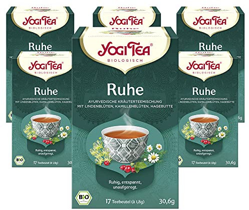 Yogi Tea - Ruhe, Ayurvedischer Bio Gewürz- und Kräutertee, von Natur aus koffeinfrei, Mischung aus Lindenblüten, Kamillenblüten und Hagebutte, Yogi Tee 6er Pack, 6x17 Beutel (102 Teebeutel insgesamt)