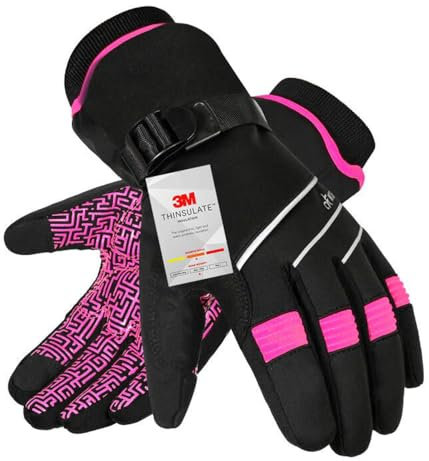 BIKINGMOREOK Winterhandschuhe Wasserdicht -30°F 3M Thinsulate Skihandschuhe Warme Touchscreen Handschuhe,Winddicht Fahrradhandschuhe Herren Damen-Rosa-S