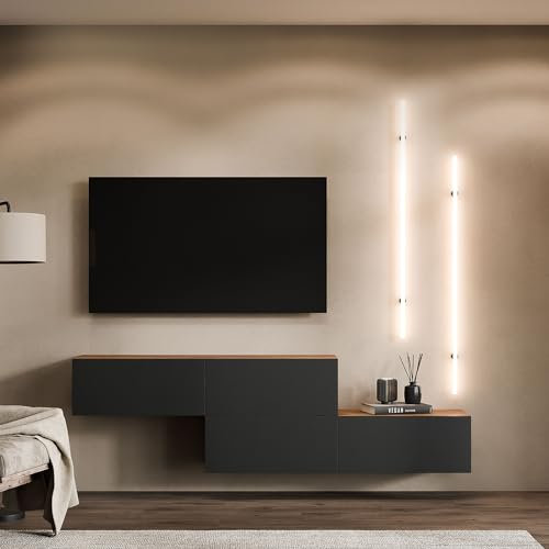 Planetmöbel TV Wohnwand Wohnzimmer 2X 140 cm Gold Eiche/Anthrazit, Modern, TV Schrank mit 2 Klappen als Stauraum, hängend oder stehend