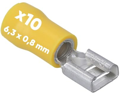 Kalitec 10x Flachsteckhülsen Gelb 6,3x0,8 mm Kabelverbinder - 4-6mm² | Teilisolierte Steckverbinder aus Messing für Kfz & Industrie - UL-zertifiziert - PVC-Kragen V0 - Temperaturbereich -20 bis