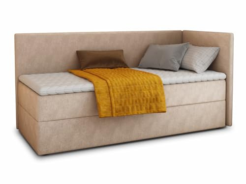 Sofnet Boxspringbett Flame mit Bettkasten - Einzelbett mit Bonell-Matratze und Topper, Polsterbett, Universelle Bettseite, Bett, Schlafzimmer, Kinderzimmer (Beige (Paros 02), 90 x 200 cm)
