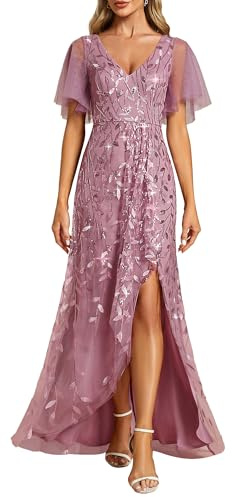 Ever-Pretty Vestido Largo de Invitada Boda Mujer Abertura Cuello en V Doble Asimétrico Lentejuelas Vestido Noche con Cintura Imperio Orquídea 42