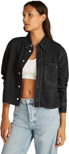 Calvin Klein Donna Camicia in Jeans Cropped Dad Denim Shirt con Taschino sul Petto, Nero (Denim Black), XS