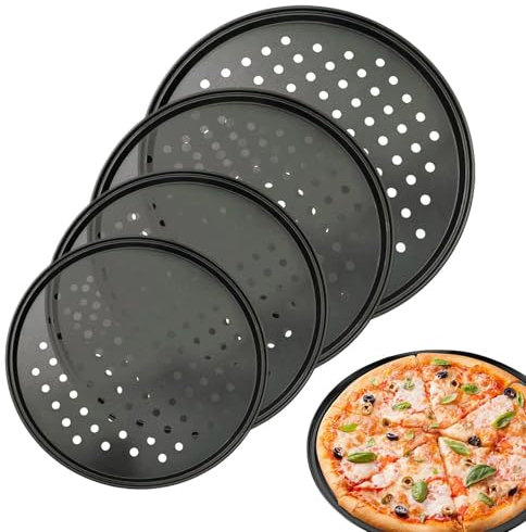 Goowafur Pizzablech, 4er Set, rund, gelocht, perforierte antihaft Pizzapfanne aus Karbonstahl, antihaftbeschichtetes Pizza-Backblech für hausgemachte, Pizzaform für Ofen