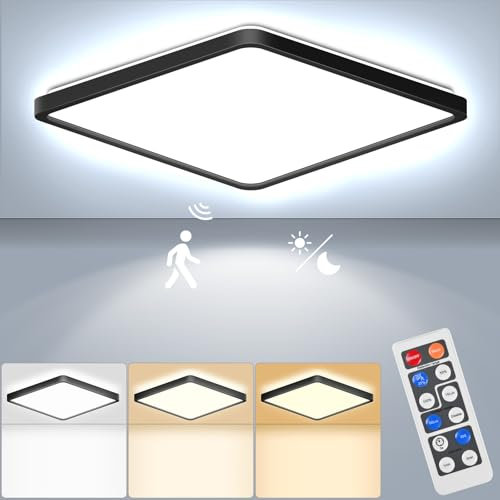RDGOOD Sensor LED Plafón Regulable con Detector de Movimiento, 18W 1800LM Sensor de Radar Lámpara de Techo LED, 3000K/4500K/6500K Lámpara de para Baño, Garaje, Sótano, Pasillo, Balcón 22x22x2.5CM
