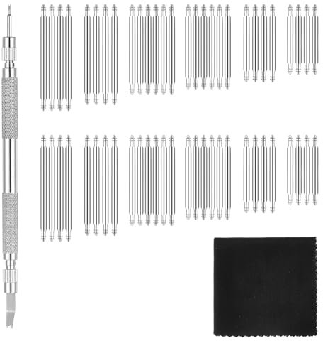 Piriuuo 56 Stück Uhren Federstegwerkzeug Set, Uhrenglied-Entfernungswerkzeug Edelstahl Griff Uhrmacherwerkzeug Set Uhrenarmband Werkzeug mit 2 Spitzen und 56 Federstegen zum Justieren(16 – 26 mm)