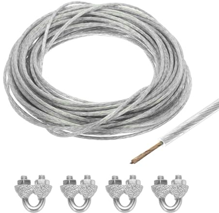 sourcing map Cuerdas de alambre con revestimiento de vinilo transparente de 3 mm, cuerda de alambre de acero galvanizado de 15 m con 4 fundas de bucle M3 para colgar luces de cadena, barandilla de