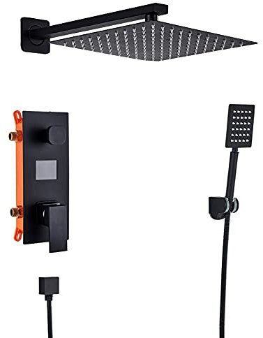 TENGJUN Badezimmerdusche, 2 Funktionen, schwarzes digitales Duscharmatur-Set, Regenduschkopf, 2-Wege-Digitalanzeige, Mischbatterie, Duschmischer, 8-Zoll-Duschset