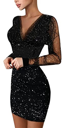 Generisch Glitzerkleid Damen, Mesh-Ärmel Enges Abendkleider mit Pailletten Sexy Langarm Wickelkleid Kurze Minikleid Elegant Curvy Partykleid Silvester Festliche Kleider für Frauen