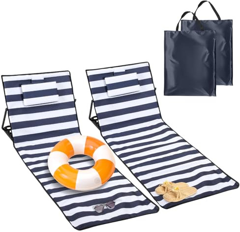 Ollewiellan 2X Strandliege Klappbar Leicht,Strandmatte mit Rückenlehne mit Kissen und Staufach,Sonnenmatte Faltbar für den Strand inkl.Tragetasche,Strandstuhl klappbar,Blau-Weiß 158cm