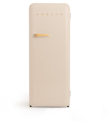 CREATE / RETRO FRIDGE 150 WOOD/Réfrigérateur sable avec poignée en bois et congélateur 281L / 102W, faible consommation, 150 cm, 3 étagères, régulateur de température, 60x60x150 cm