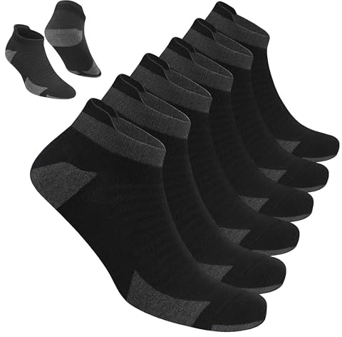 BLITZSOX Calcetines Deportivos Hombre para Correr Tobilleros Acolchados Transpirables Algodón Calcetines Cortos, Pack de 6 (43-46, Negro)