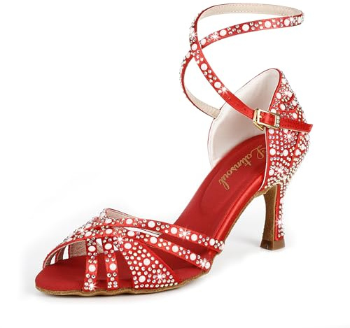 Latinsoul Y205-36 Scarpe da Ballo Latino da Donna con Tacco Alto e Strass Design Elegante con Cinturino Regolabile Scarpe comode per Ballo da Sala e Salsa Colore Rosso,Formato 37 EU