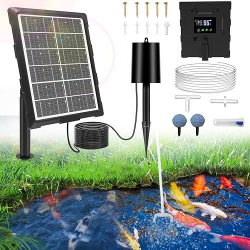 Upgraded Digital Display Solar Pond Aerator, 3 Working Modes(Low/Med/High) Solar Aerator for Outdoor Ponds with Timing Function, Solar Air Pump with Bubble Regulator for Small Ponds, Fish Tanks