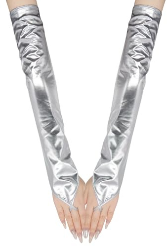 Long Keeper Guantes Largos Piel Sin Dedos para Mujer Guantes de Brazo Largo Cuero PU Medio Dedo Sexy Disfraz para Halloween Fiesta Cospaly (Plata)