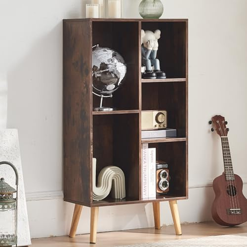 LELELINKY Würfel Bücherregal 3 Etagen Mid-Century Bücherregale mit Beinen,mit 5 Fächern,Holzbücherregale Organizer Aufbewahrungsregal,Freistehende Moderne offene buchregal für Bücherzimmer,braun