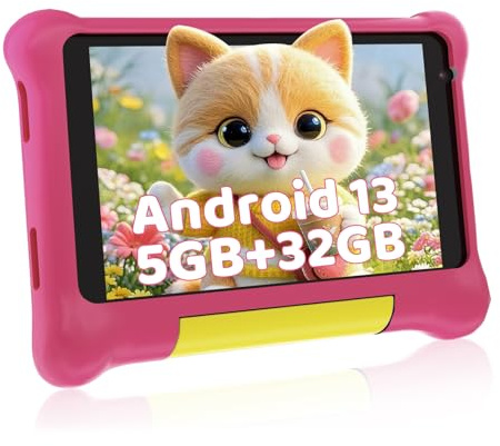 Vekoy Tablette Enfants 7 Pouces Android 13 Tablette pour Enfant 5GB RAM 32GB ROM(TF 128GB) Contrôle Parental, GMS, WiFi, Bluetooth, Kids Tablette Tactile Éducative avec Kid-Proof Étui (Rose)