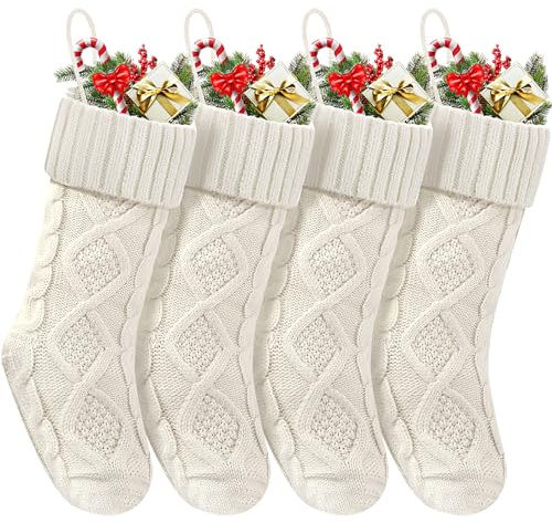 Doitory Christmas Stockings 18 Inches,Long Knitted Socks Christmas Decoration Hanging Stocking Fireplace Xmas Tree Stocking for Home Family（4 White）